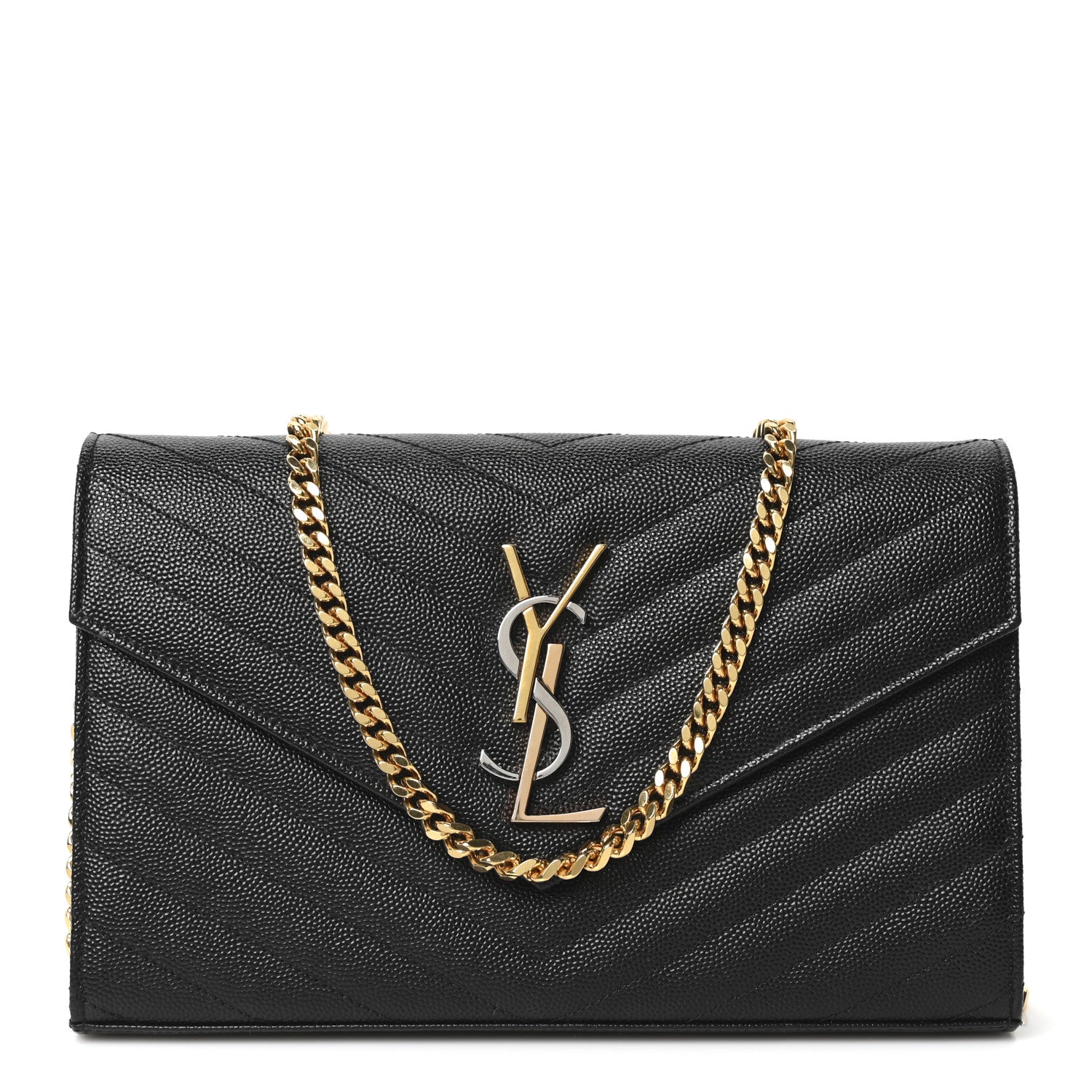 Saint Laurent Grain De Poudre Matelasse Chevron Monogram Chain Wallet Black 1 of 10