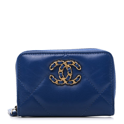 Chanel Goatskin Quilted Chanel 19 Zip Around Coin Purse Wallet Blue 1 of 10