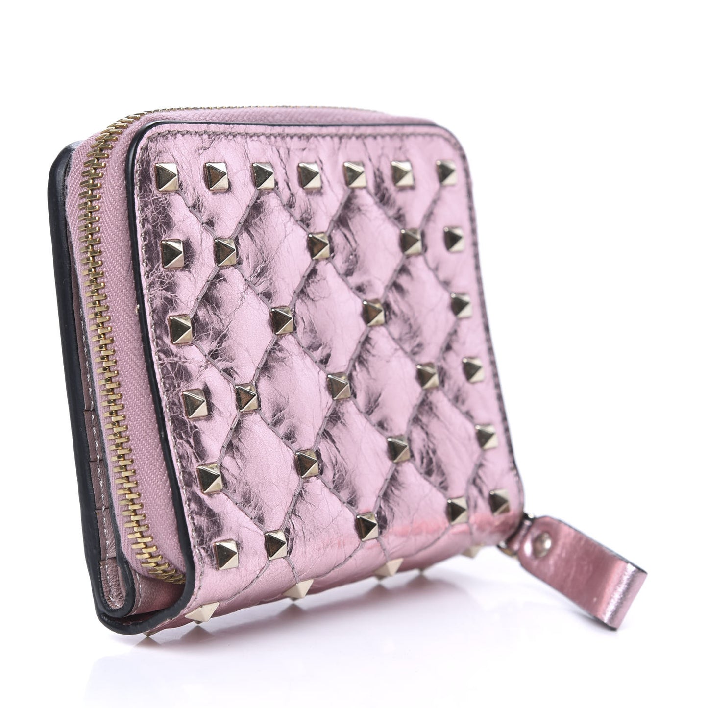 Metallic Wrinkled Lambskin Rockstud Spike Compact Zip Around Wallet Lipstick