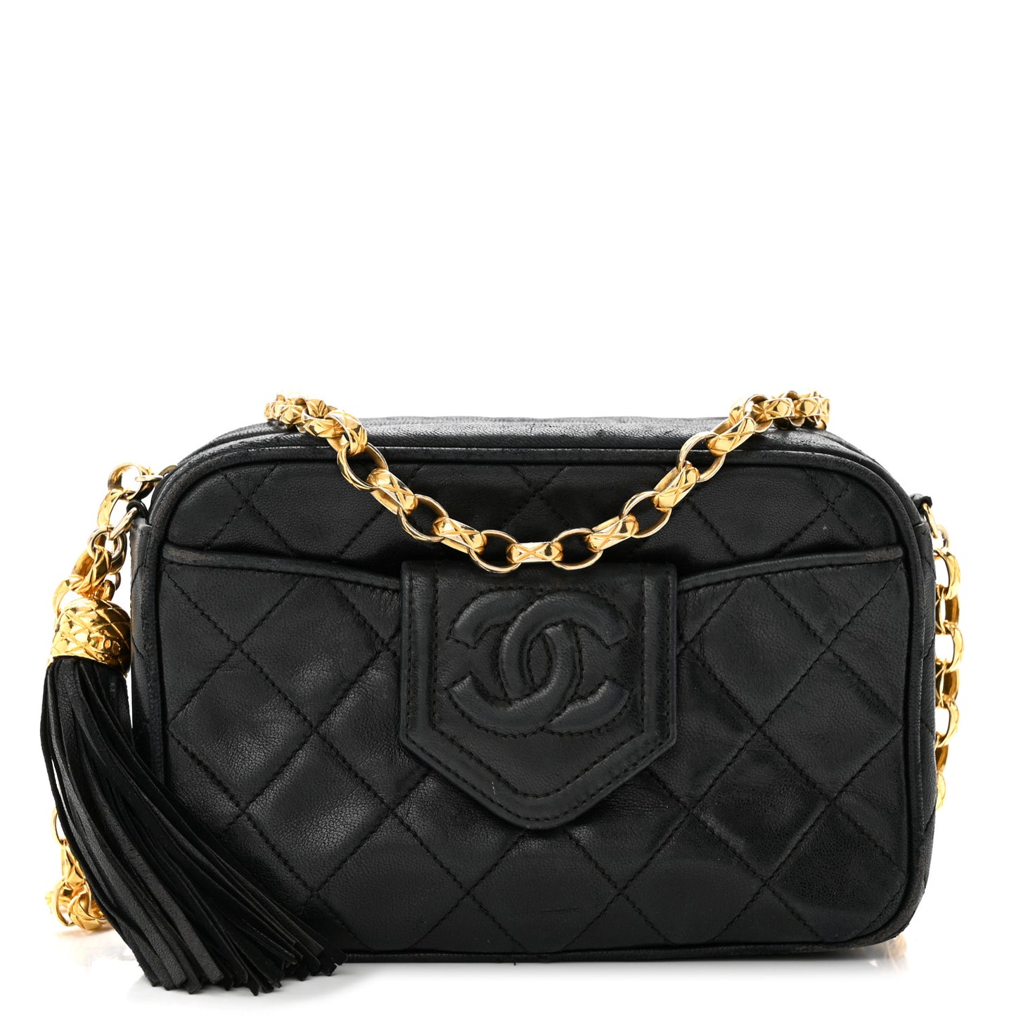 Lambskin Quilted CC Tassel Camera Case Black