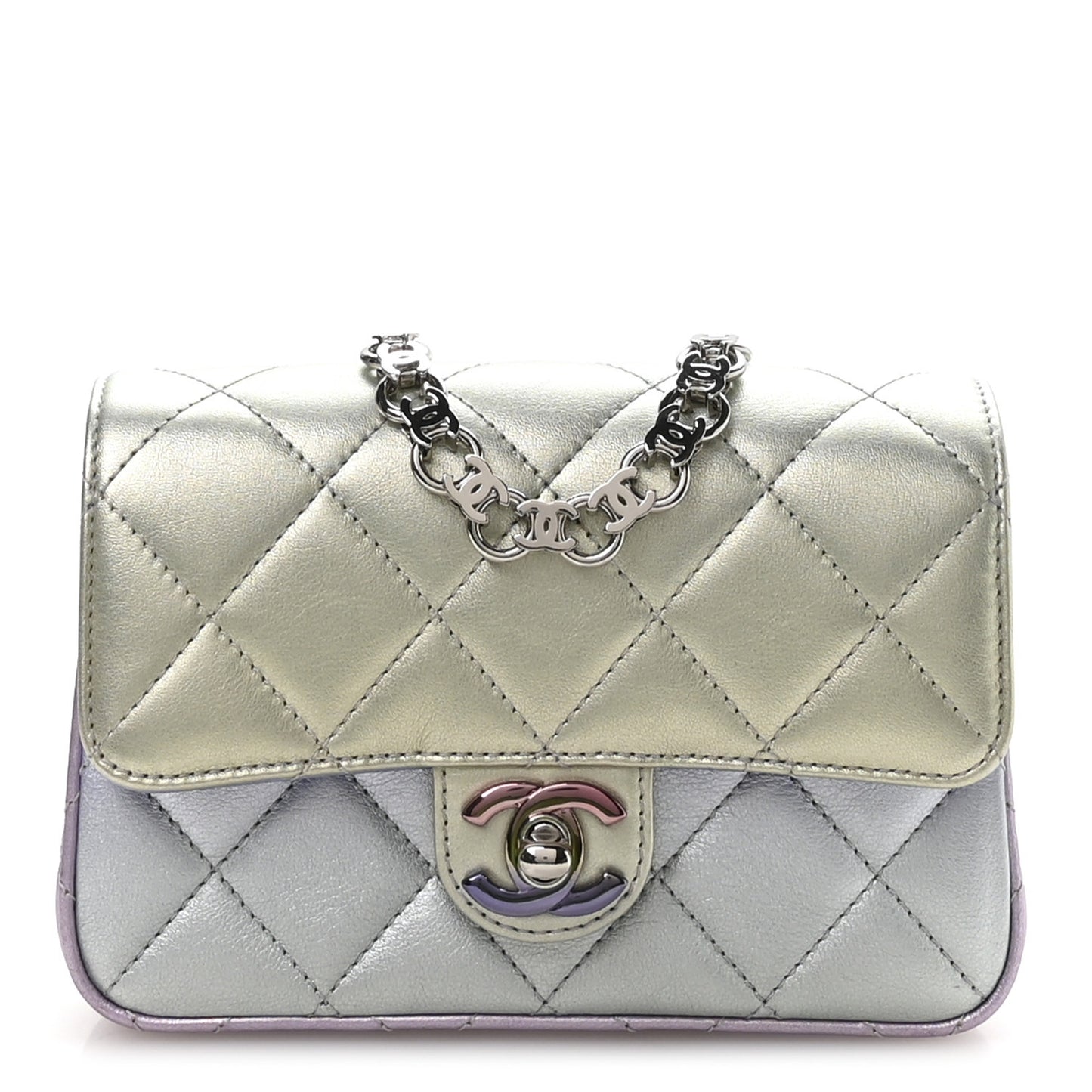 Gradient Metallic Calfskin Quilted Clutch Silver Blue Yellow Purple