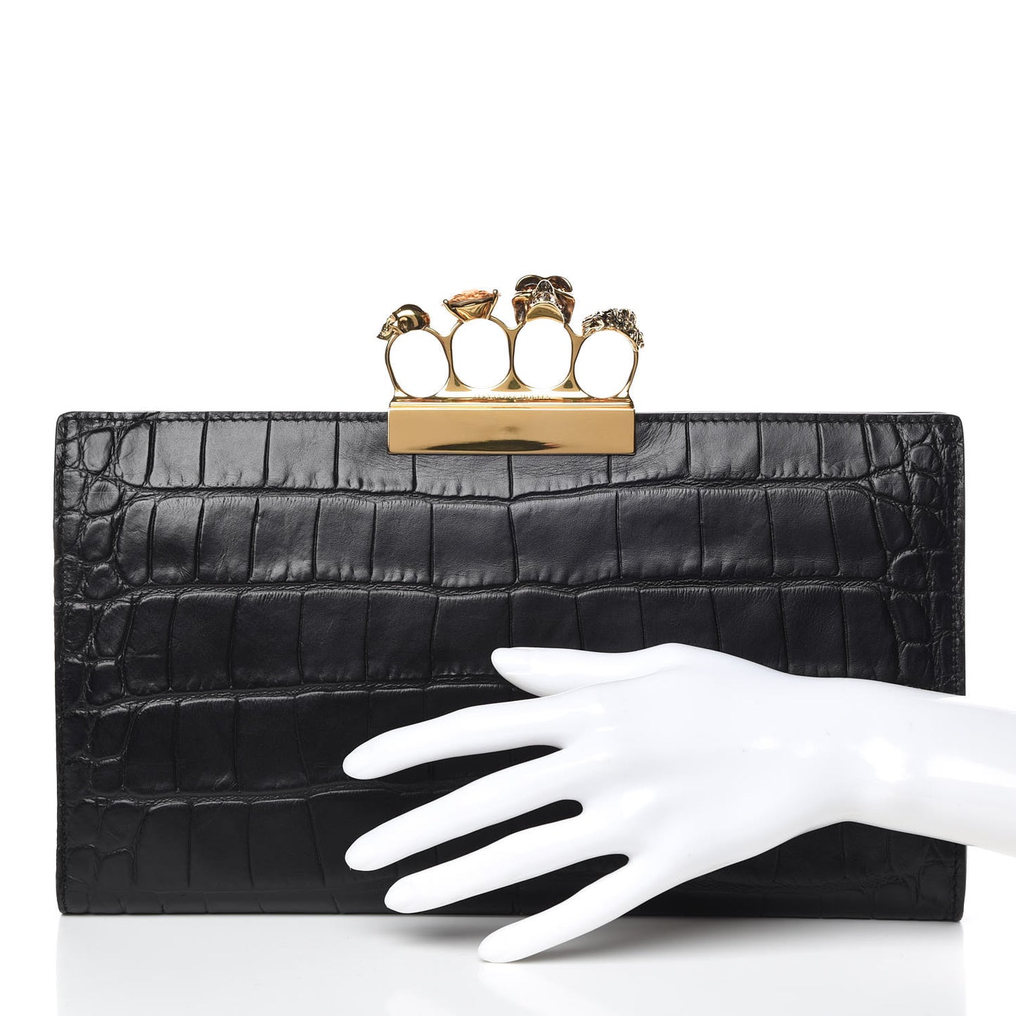 Calfskin Crocodile Embossed Knuckle Flat Clutch Black Gold
