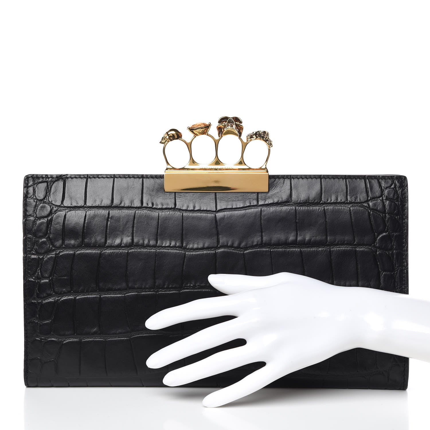 Alexander McQueen Calfskin Crocodile Embossed Knuckle Flat Clutch Black Gold 2 of 11