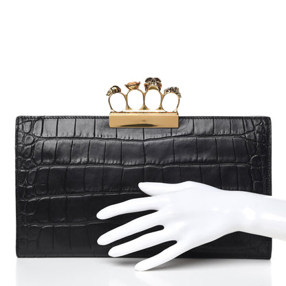 Alexander McQueen Calfskin Crocodile Embossed Knuckle Flat Clutch Black Gold 2 of 11