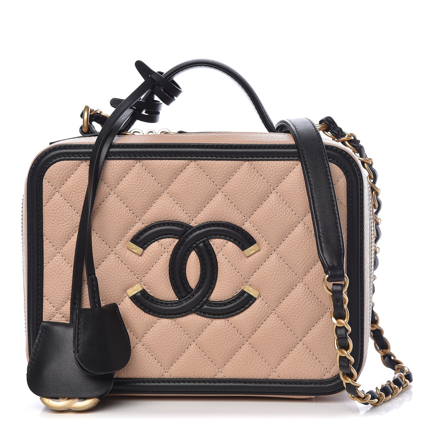 Caviar Quilted Medium CC Filigree Vanity Case Beige Black