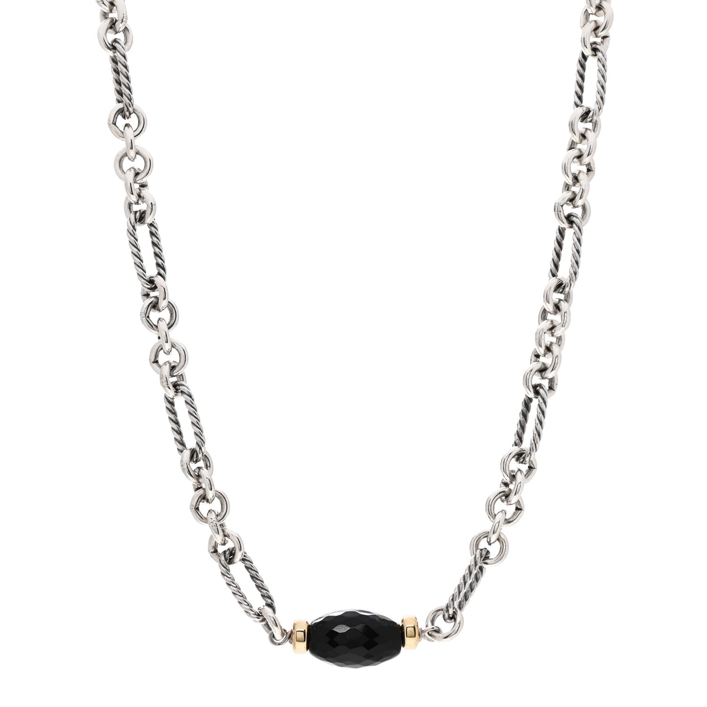 Sterling Silver 18K Yellow Gold Black Onyx Figaro Chain Station Necklace