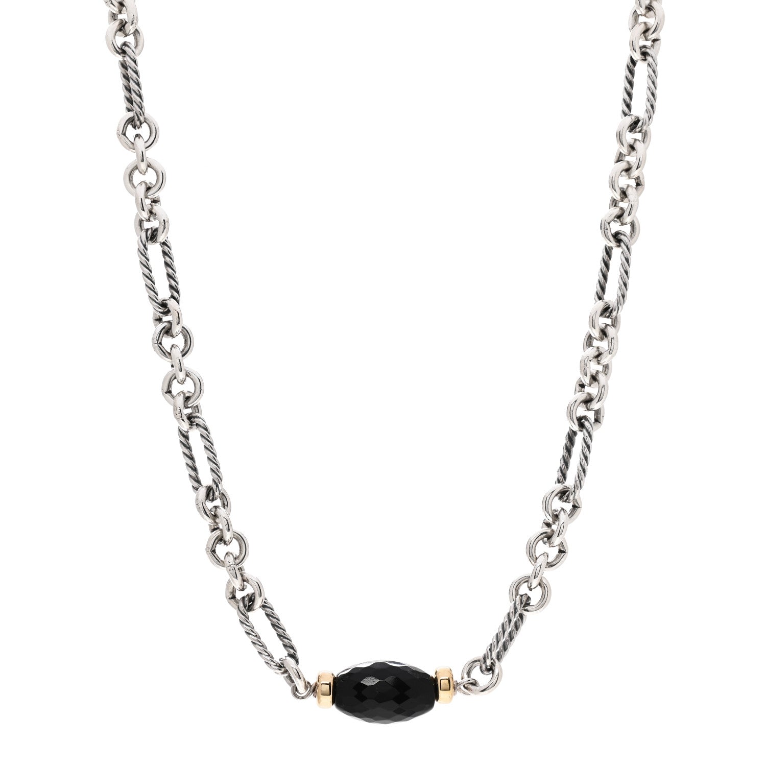 David Yurman Sterling Silver 18K Yellow Gold Black Onyx Figaro Chain Station Necklace 1 of 4