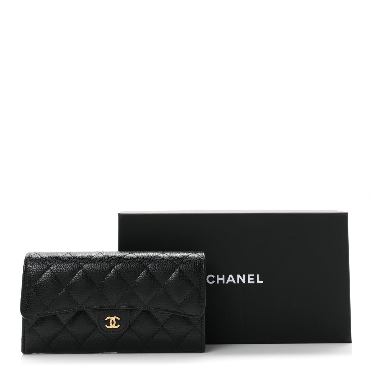 Caviar Quilted Large Gusset Flap Wallet Black