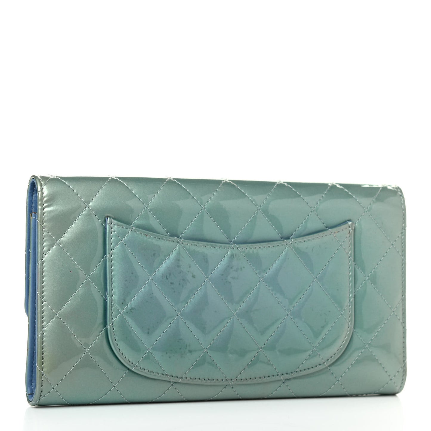 Patent Calfskin Quilted Flap Clutch Wallet Blue