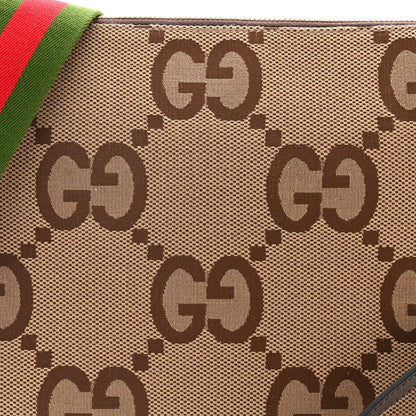 Gucci Monogram Jumbo GG Textured Dollar Calfskin Web Wristlet Messenger Bag Camel Ebony New Acero 8 of 10