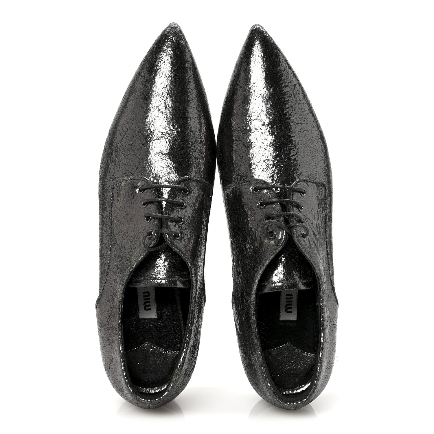 Miu Miu Metallic Crinkled Patent Lace Up Oxford Flats 37.5 Dark Silver 2 of 9