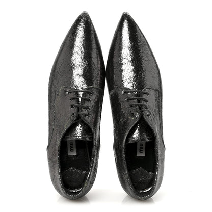 Miu Miu Metallic Crinkled Patent Lace Up Oxford Flats 37.5 Dark Silver 2 of 9