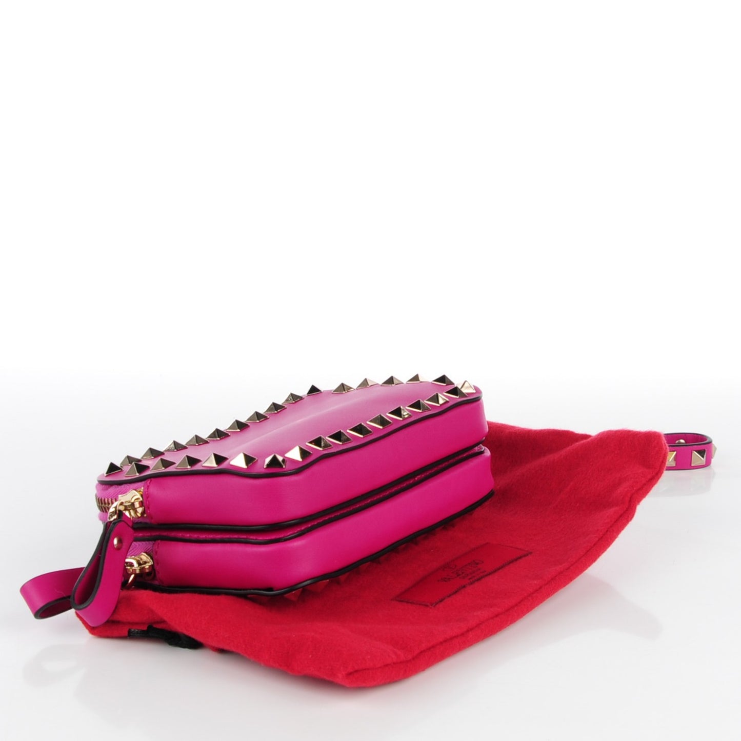 Vitello Rockstud Double Zip Compartment Clutch Wristlet Bag Fuxia