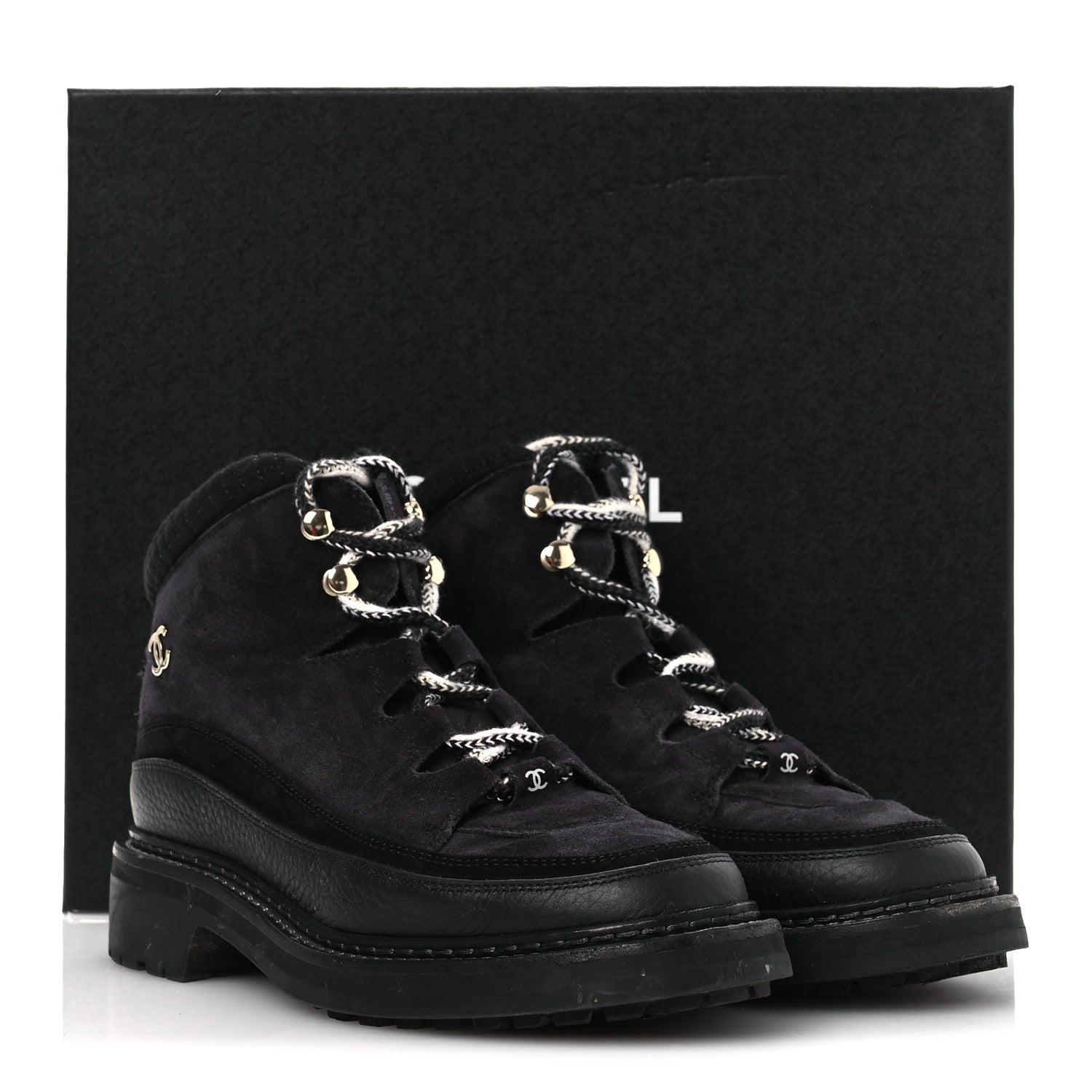 Chanel Suede Grained Calfskin CC Lace Up Boots 38 Black 1773713