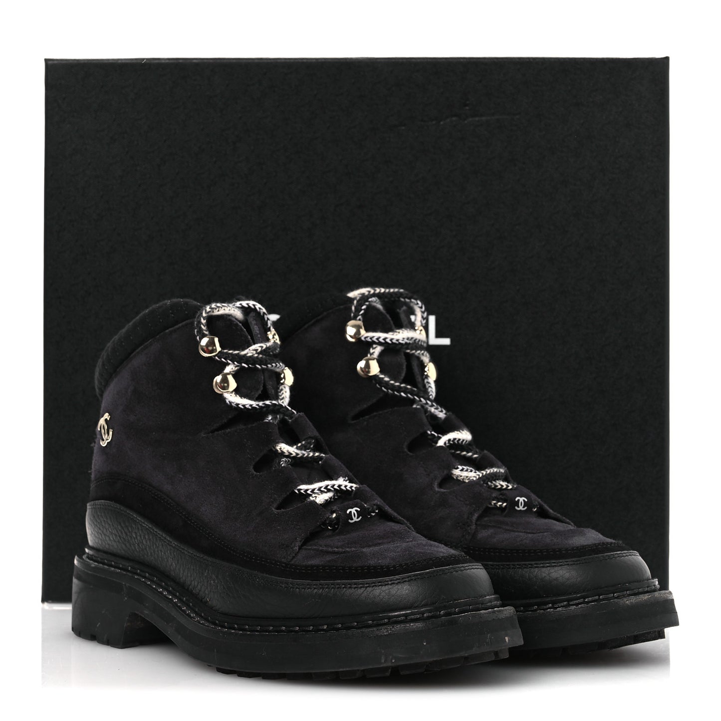 Suede Grained Calfskin CC Lace Up Boots 38 Black