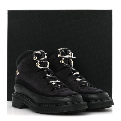 Chanel Suede Grained Calfskin CC Lace Up Boots 38 Black 13 of 13