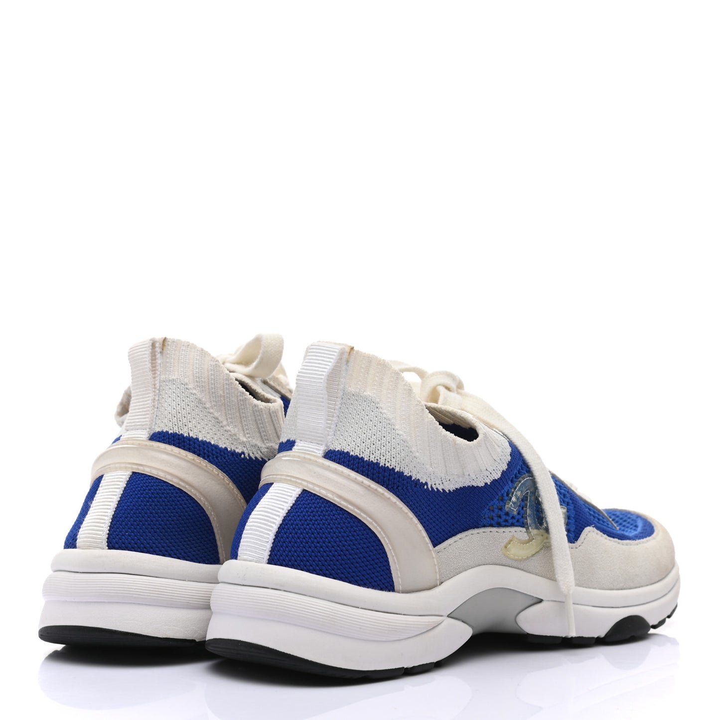 Fabric Suede Calfskin Stretch CC Sneakers 36 White Blue
