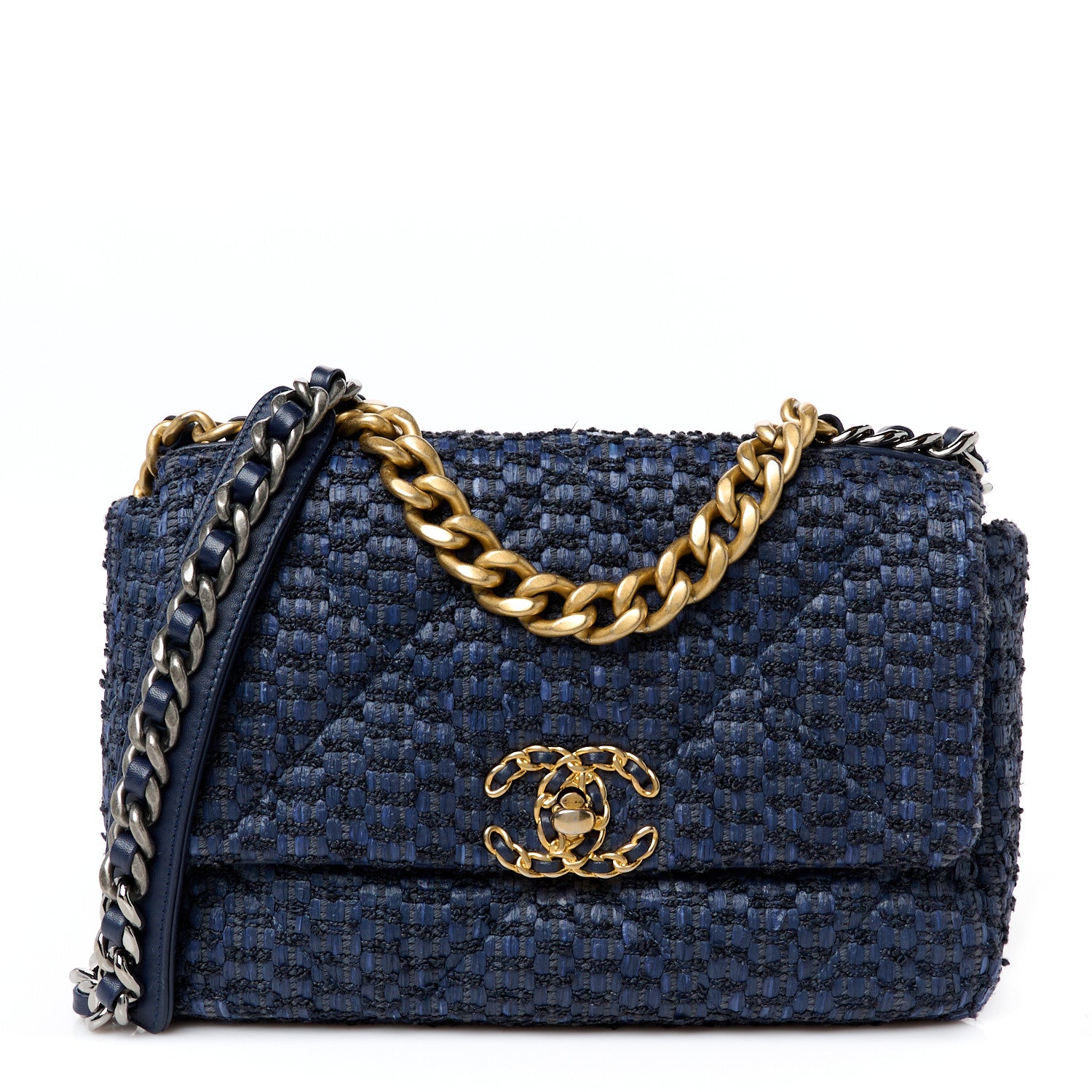 Chanel Raffia Tweed Quilted Medium Chanel 19 Flap  Navy 1 of 10