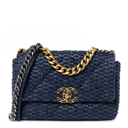 Chanel Raffia Tweed Quilted Medium Chanel 19 Flap  Navy 1 of 10