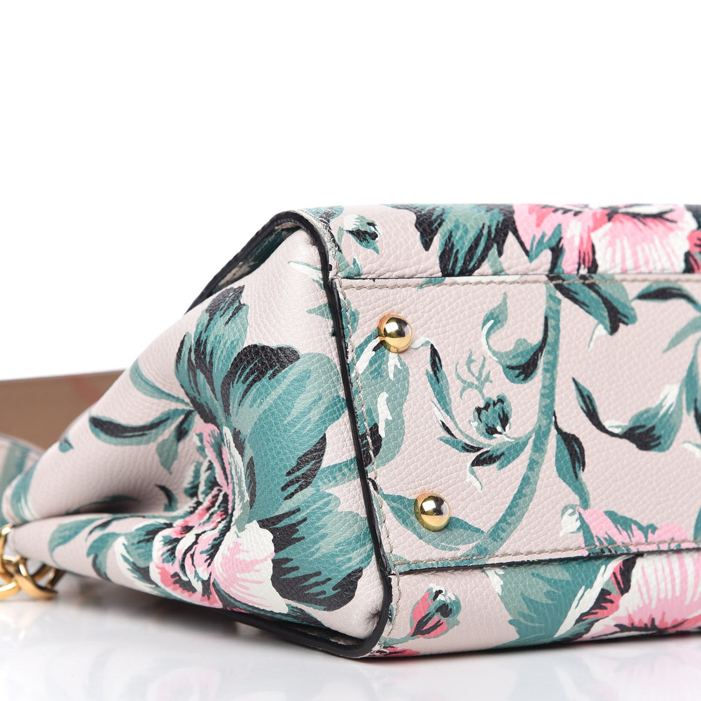 Soft Grain Calfskin Floral Print Medium Buckle Tote Natural Emerald Green