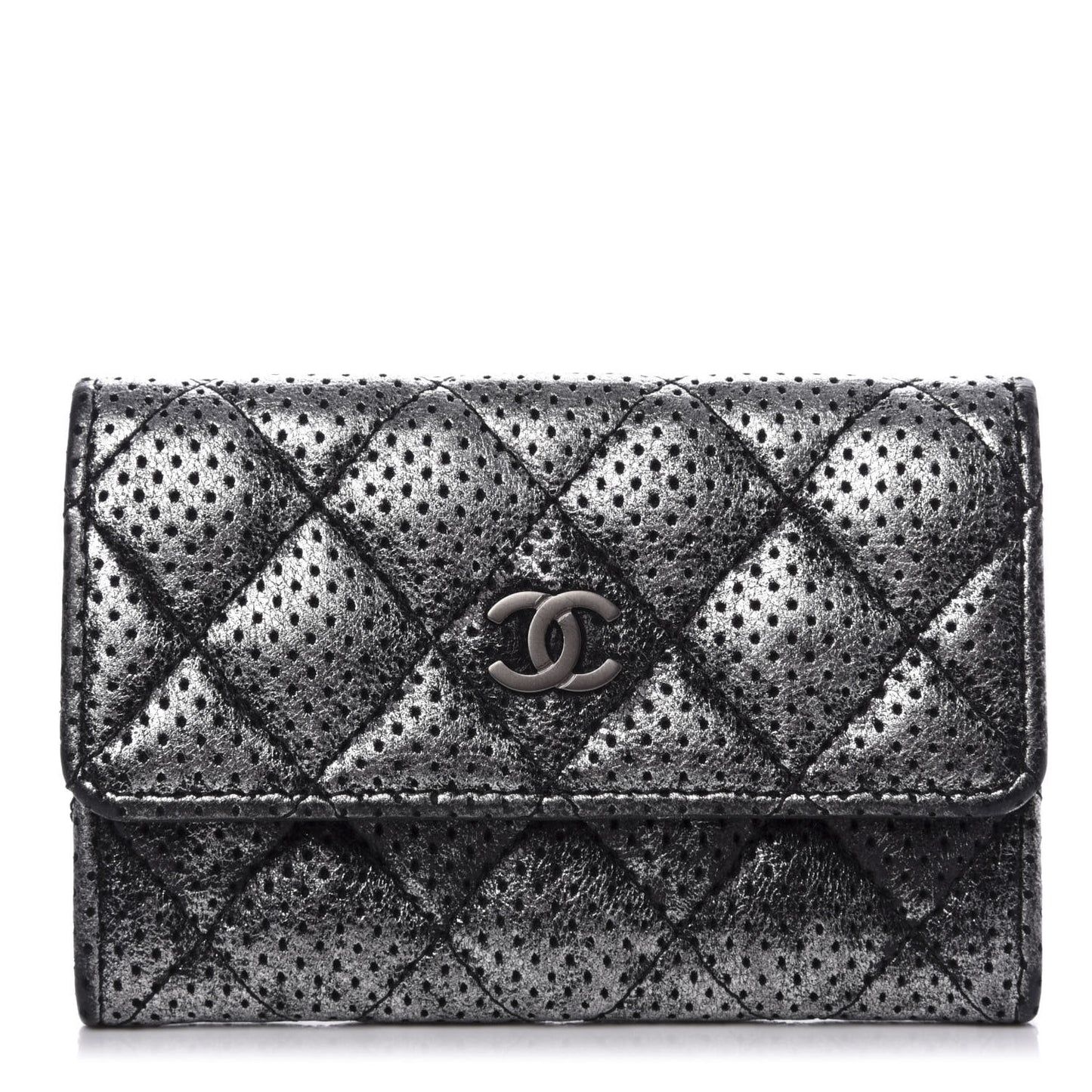 Metallic Calfskin Perforated Quilted Card Holder Grey