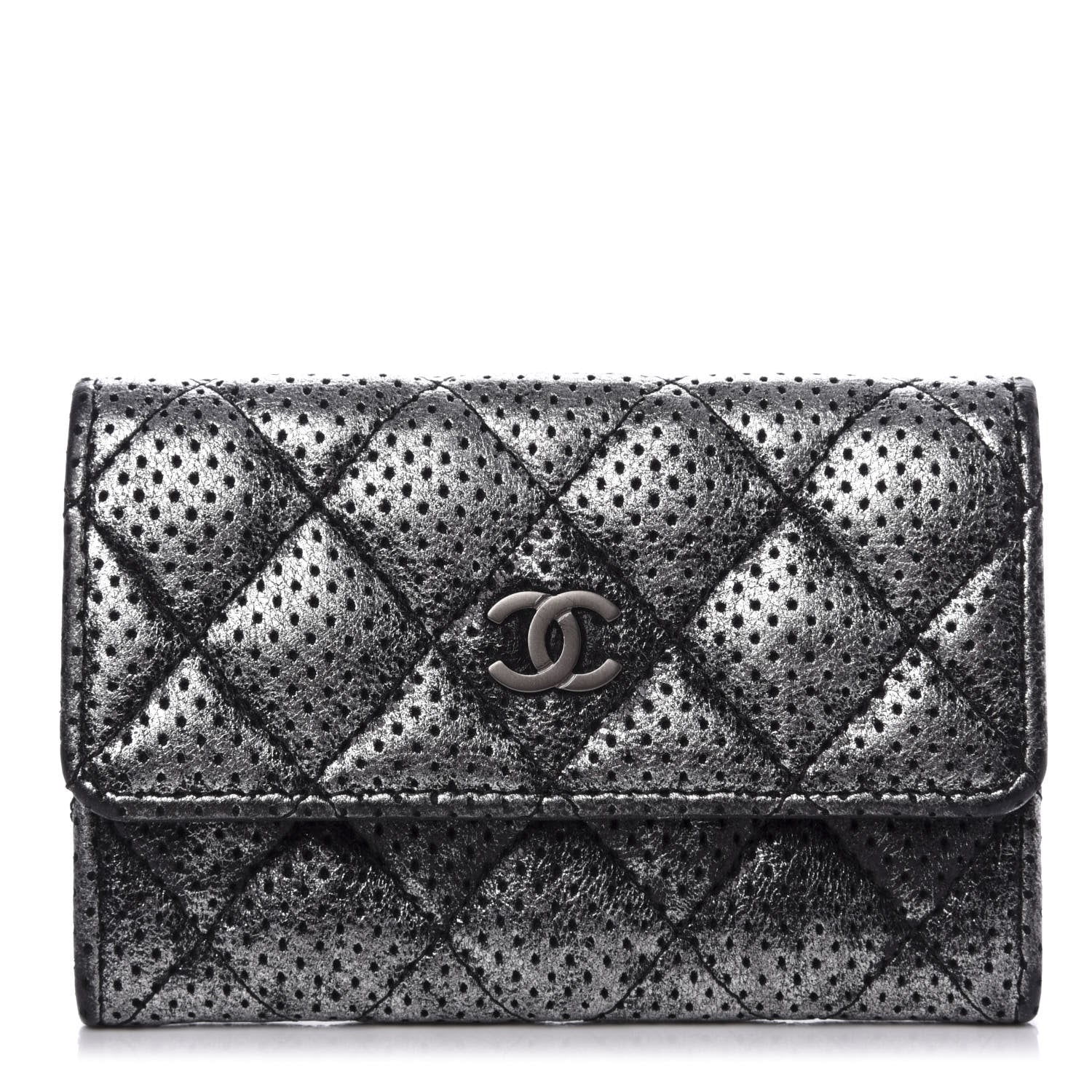 Chanel Metallic Calfskin Perforated Quilted Card Holder Grey 1 of 9