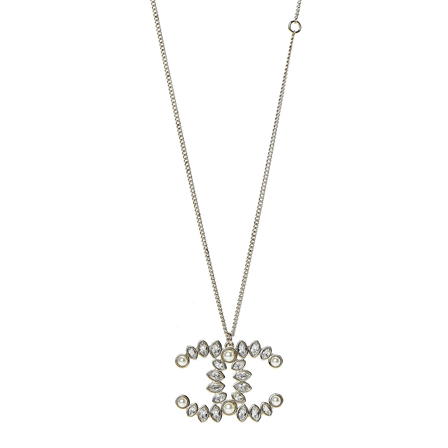 Crystal Pearl CC Pendant Necklace Gold
