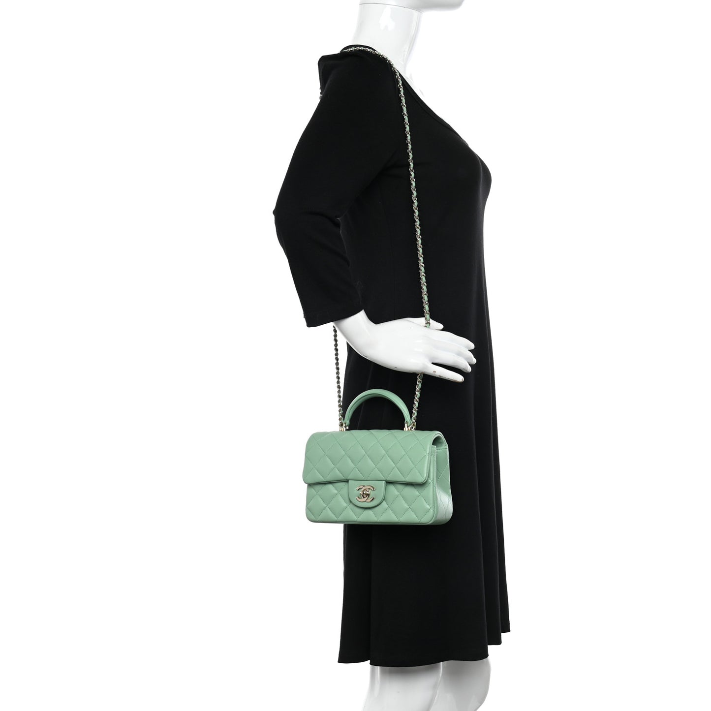 Lambskin Quilted Mini Top Handle Rectangular Flap Light Green