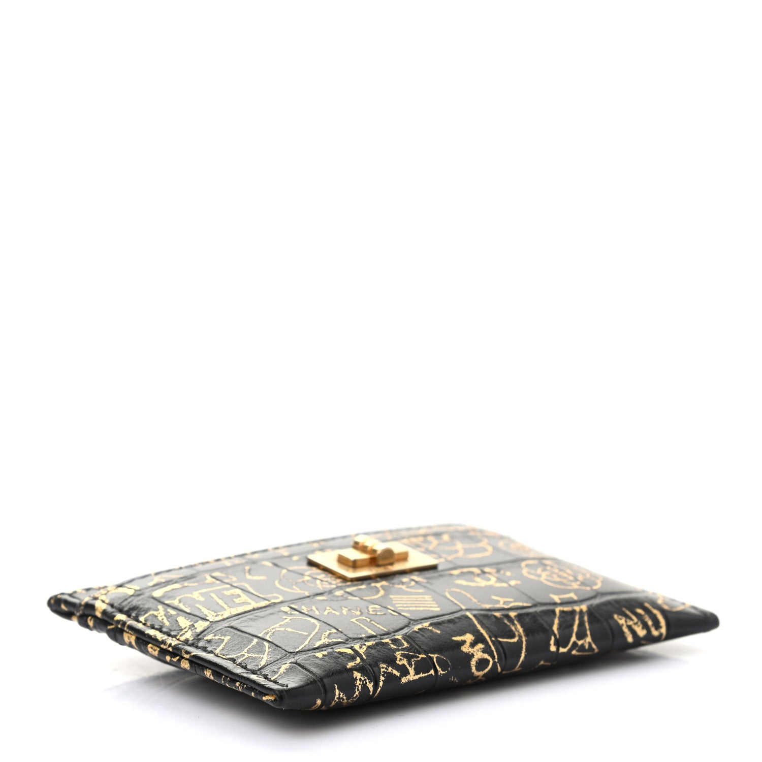 Chanel Calfskin Crocodile Embossed Graffiti 2.55 Cocodile Reissue Card Holder Black Gold 4 of 8