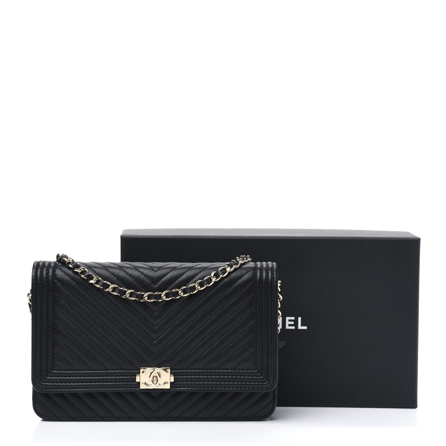 Calfskin Chevron Boy Wallet On Chain WOC Black