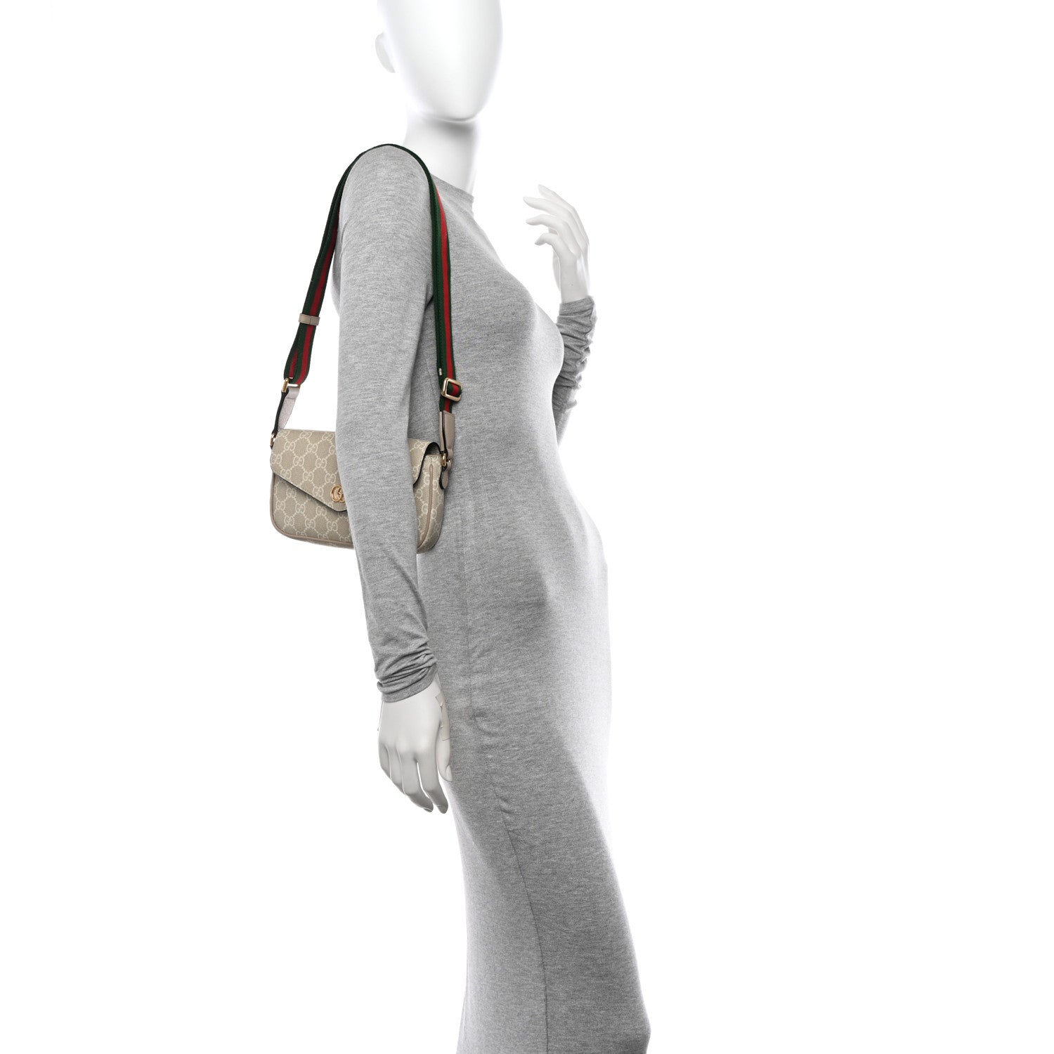 Gucci GG Supreme Monogram Textured Dollar Calfskin Web Mini Ophidia Envelope Shoulder Bag Beige Mystic White Oatmeal 2 of 13