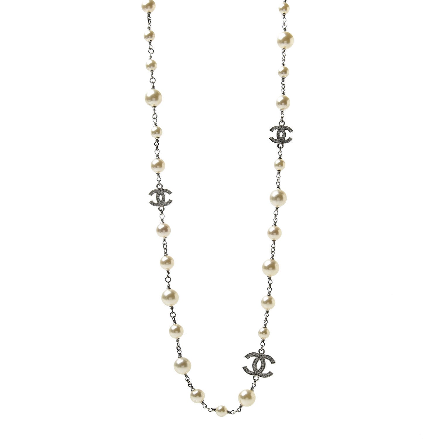 Chanel Graduated Pearl Crystal CC Long Necklace Silver 1 of 4