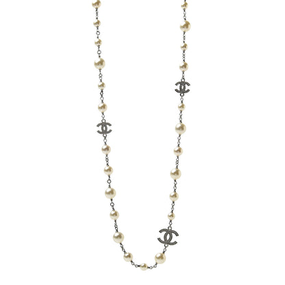 Chanel Graduated Pearl Crystal CC Long Necklace Silver 1 of 4