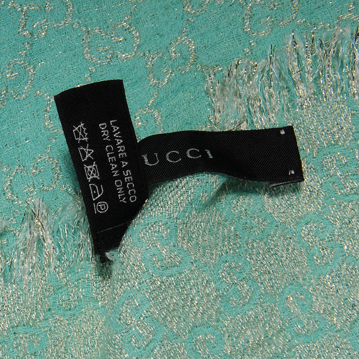 Gucci Wool Silk Jacquard Monogram Fringe Scarf Aqua Gold 6 of 6