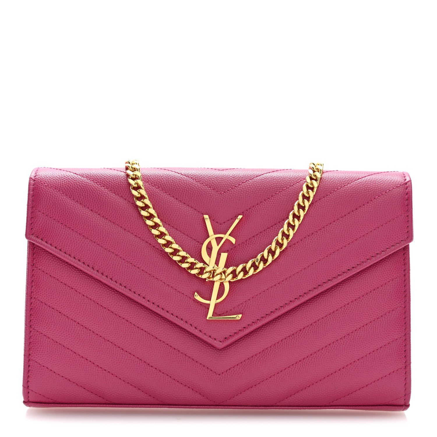 Saint Laurent Grain De Poudre Matelasse Chevron Monogram Chain Wallet Hot Pink 1 of 10