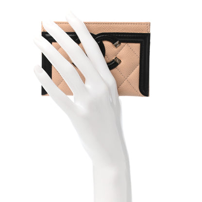 Chanel Caviar Quilted Filigree Card Holder Beige Black 2 of 7