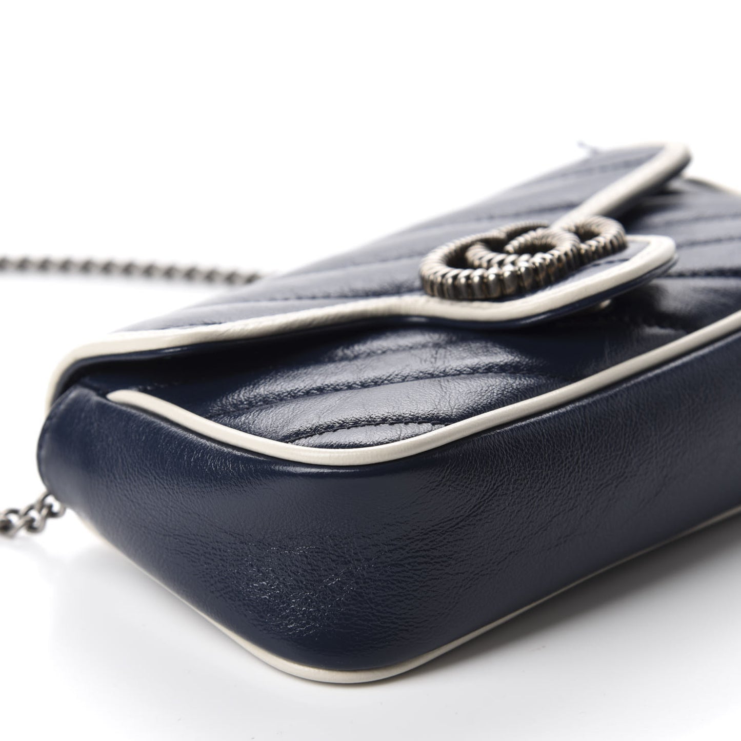 Vintage Effect Calfskin Matelasse Diagonal Super Mini Torchon GG Marmont Shoulder Bag Blue Agata Mystic White