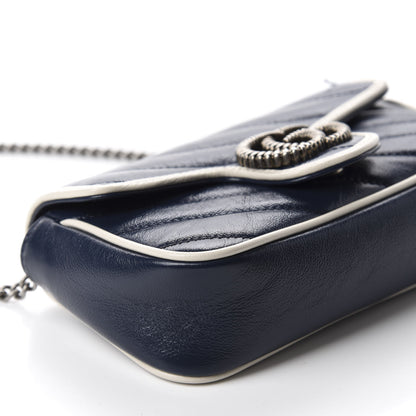 Gucci Vintage Effect Calfskin Matelasse Diagonal Super Mini Torchon GG Marmont Shoulder Bag Blue Agata Mystic White 6 of 12