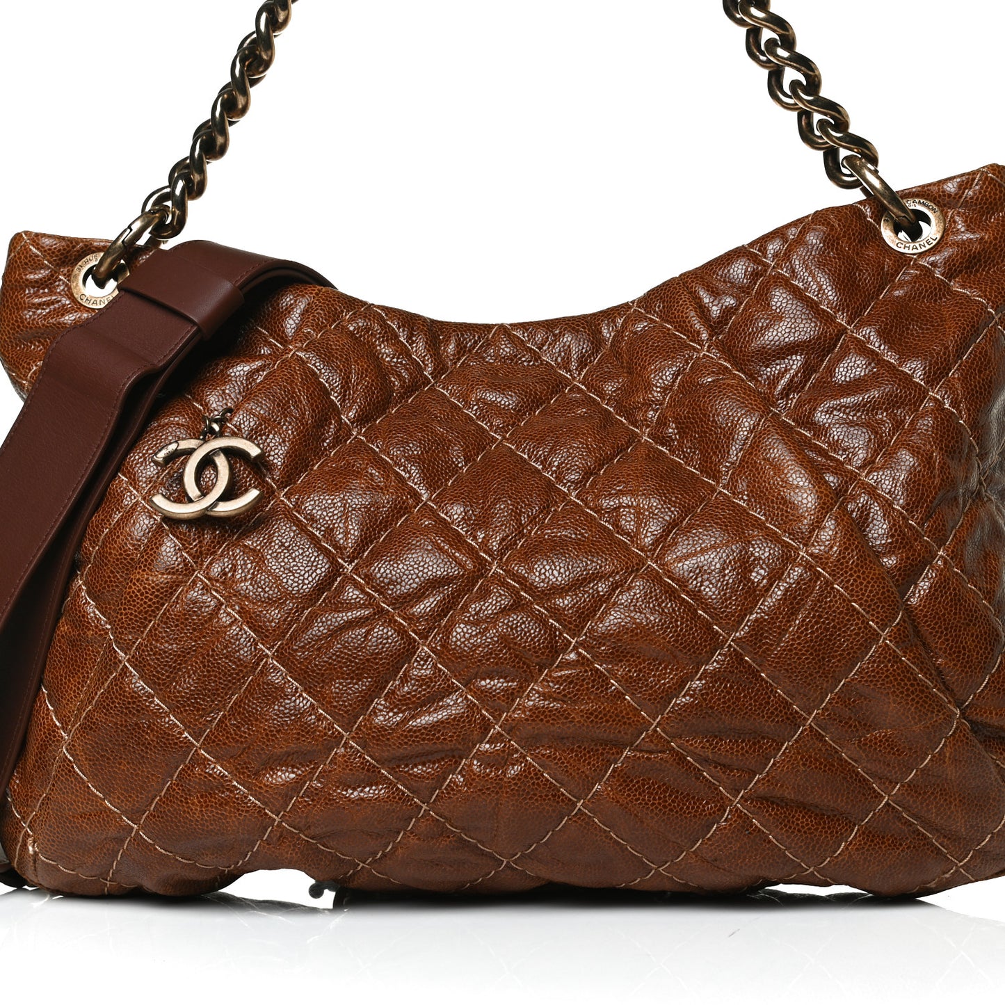 Crumpled Grained Calfskin Coco Pleats Hobo Brown