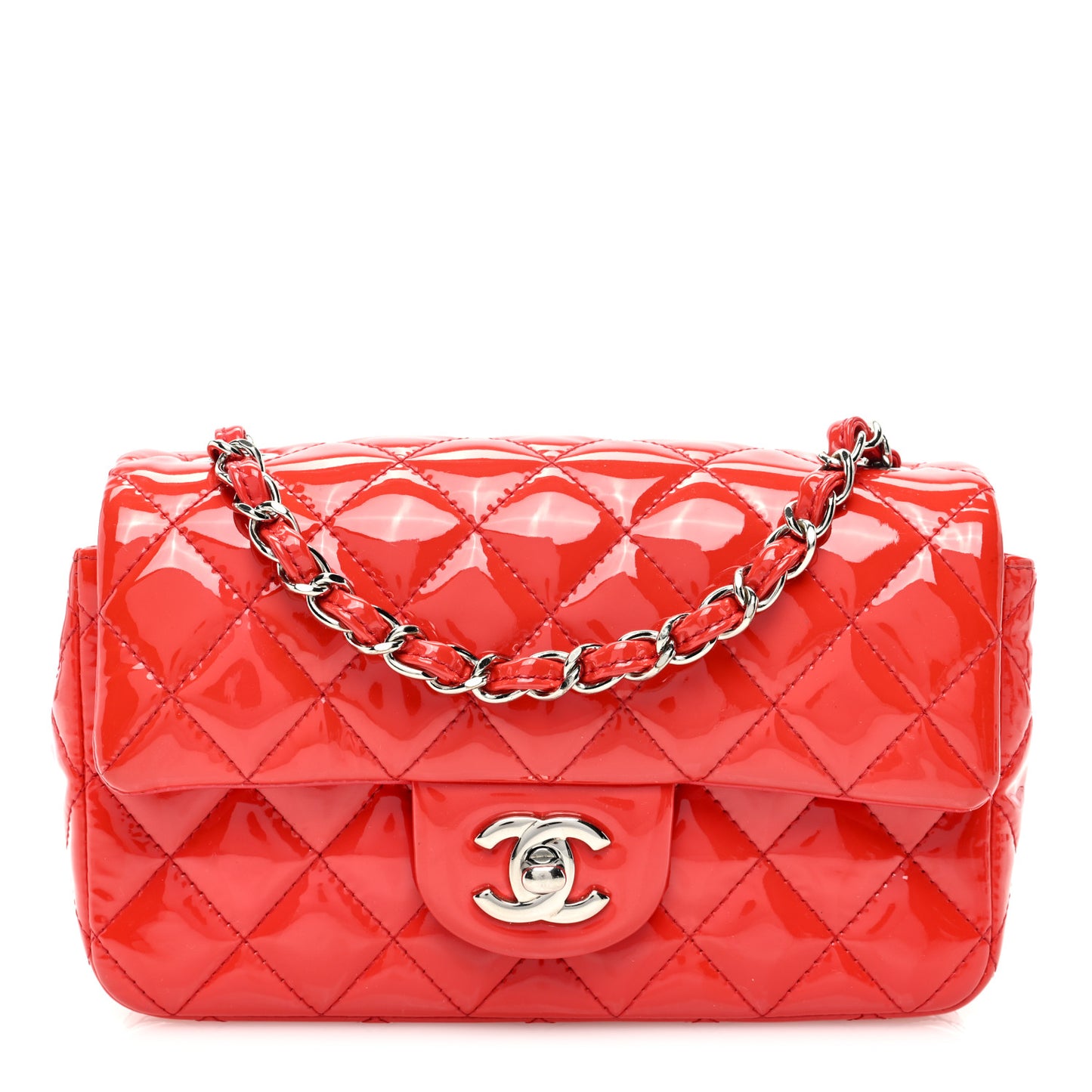 Patent Calfskin Quilted Mini Rectangular Flap Red