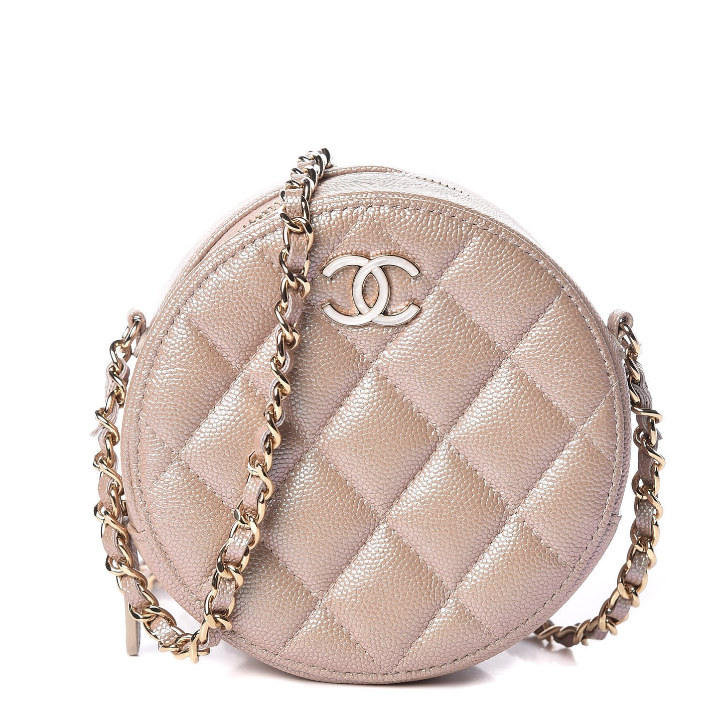 Iridescent Caviar Quilted Round Clutch With Chain Beige