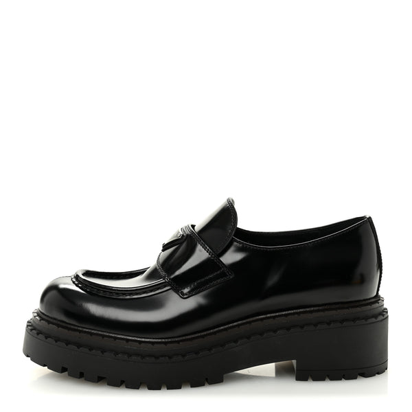 Prada Spazzolato Metal Triangle Logo 50mm Loafers 39 Black 1812413
