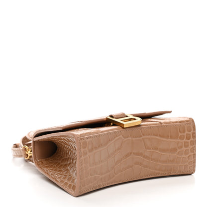 Balenciaga Shiny Calfskin Crocodile Embossed Hourglass Top Handle Bag XS Nude Beige 4 of 11