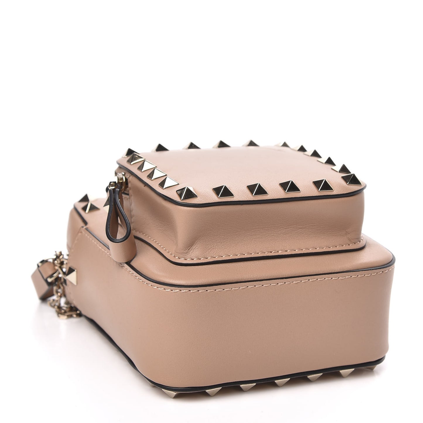 Calfskin Rockstud Double Pocket Chain Crossbody Bag Soft Noisette