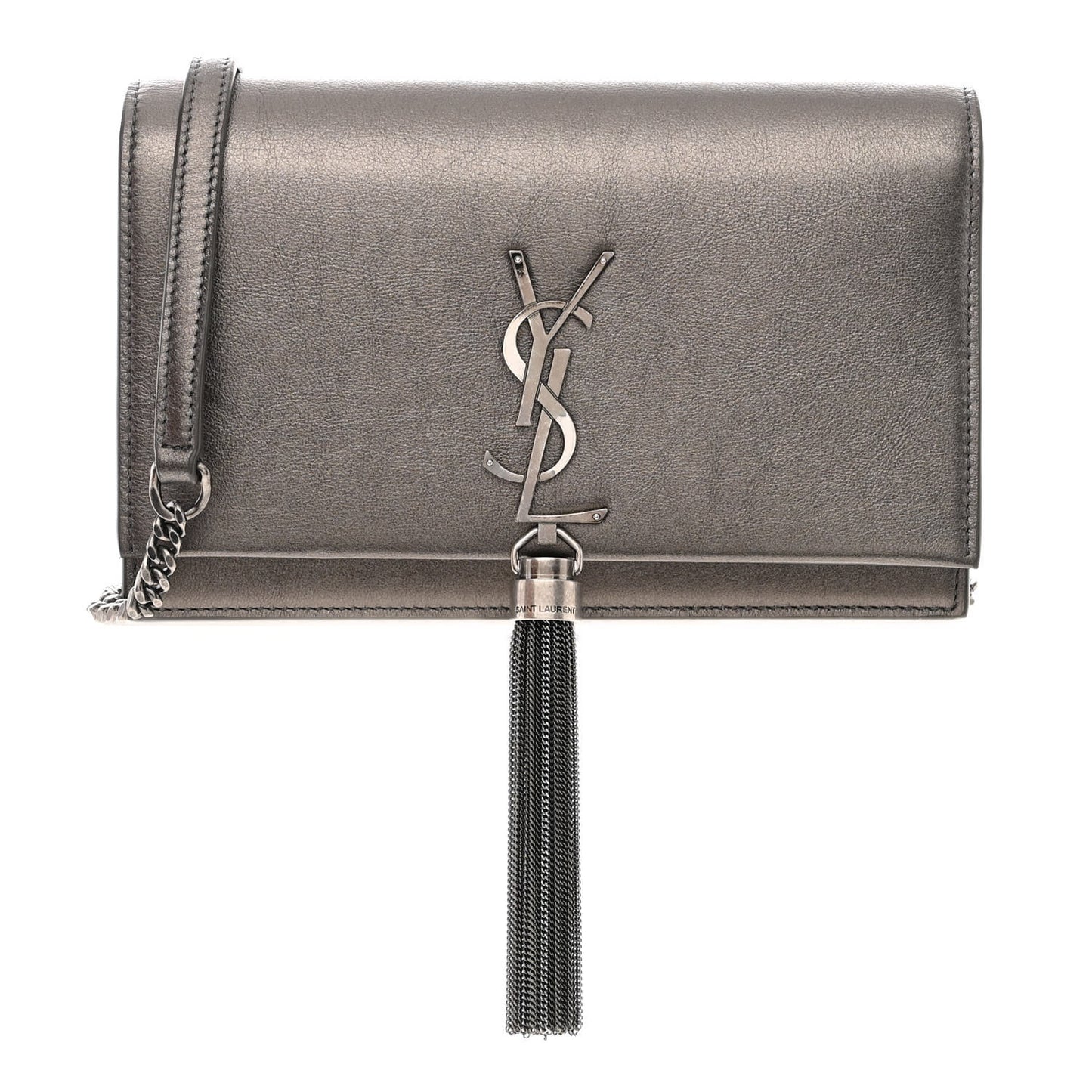 Metallic Grain De Poudre Kate Monogram Tassel Chain Wallet Silver