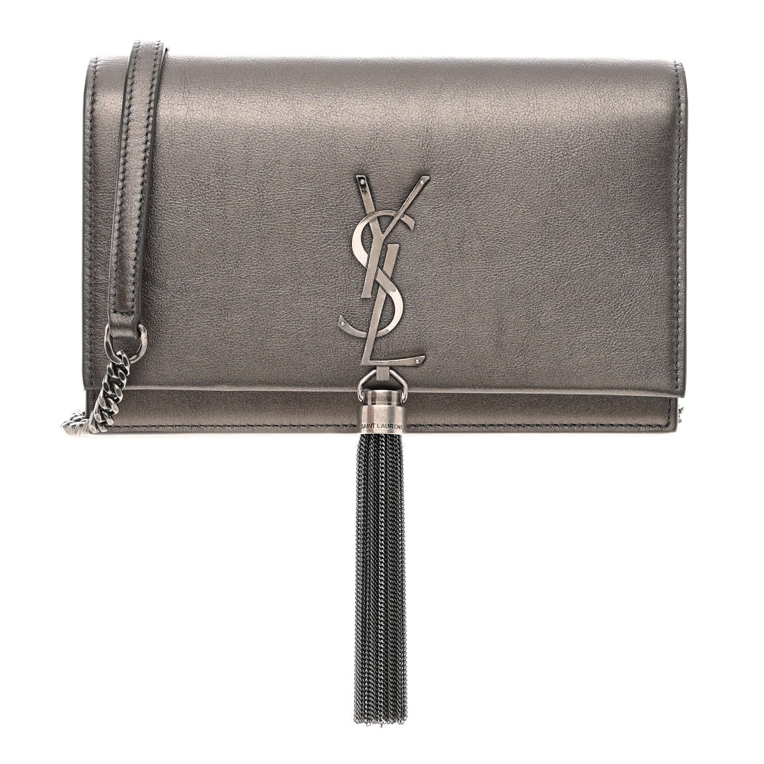Saint Laurent Metallic Grain De Poudre Kate Monogram Tassel Chain Wallet Silver 1 of 12