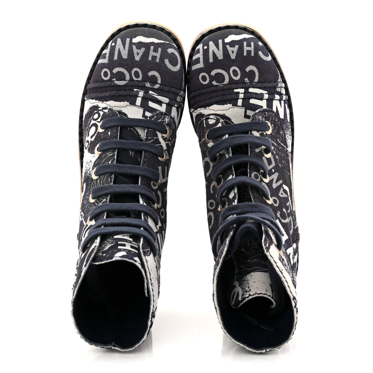 Suede Calfskin Printed CC 31 Rue Cambon Lace Up Combat Boots 36 White Navy