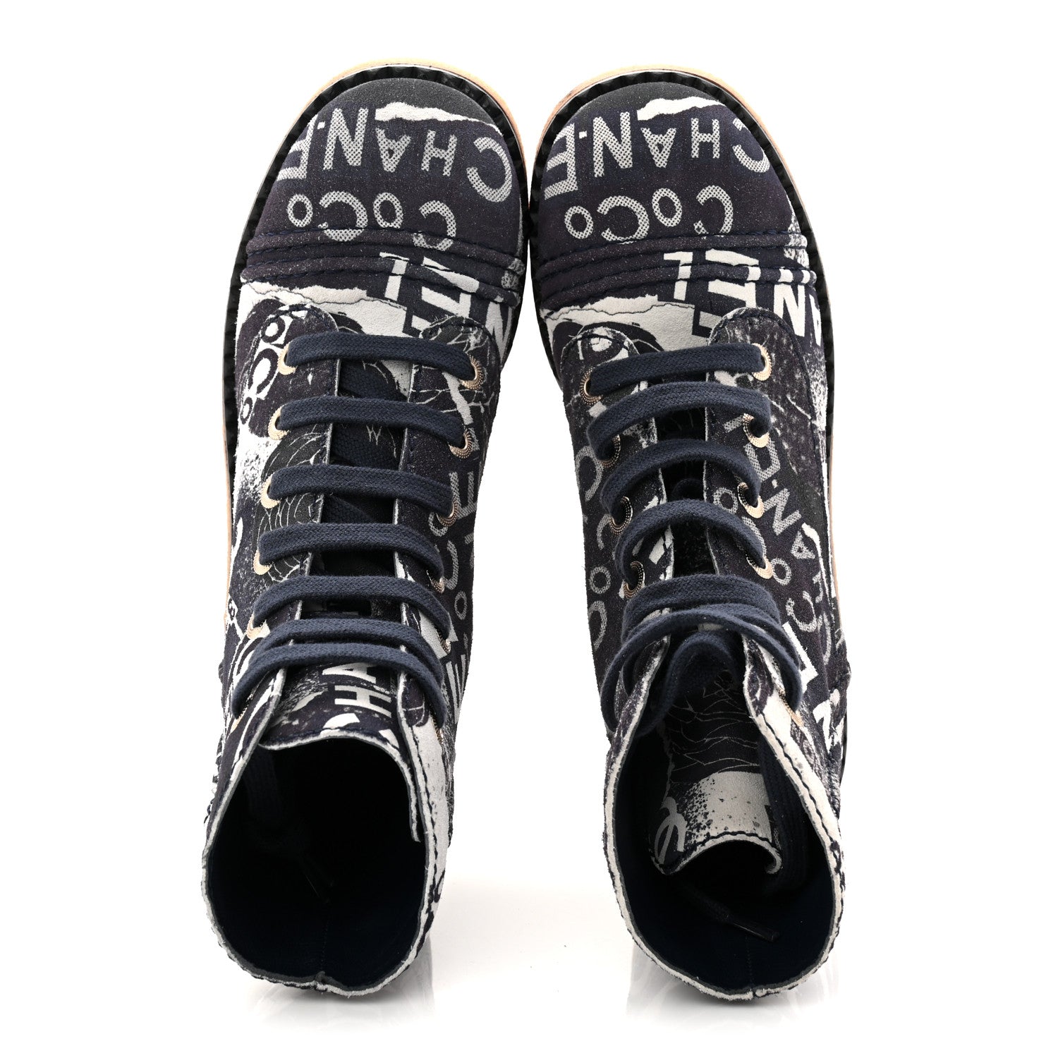 Chanel Suede Calfskin Printed CC 31 Rue Cambon Lace Up Combat Boots 36 White Navy 5 of 9