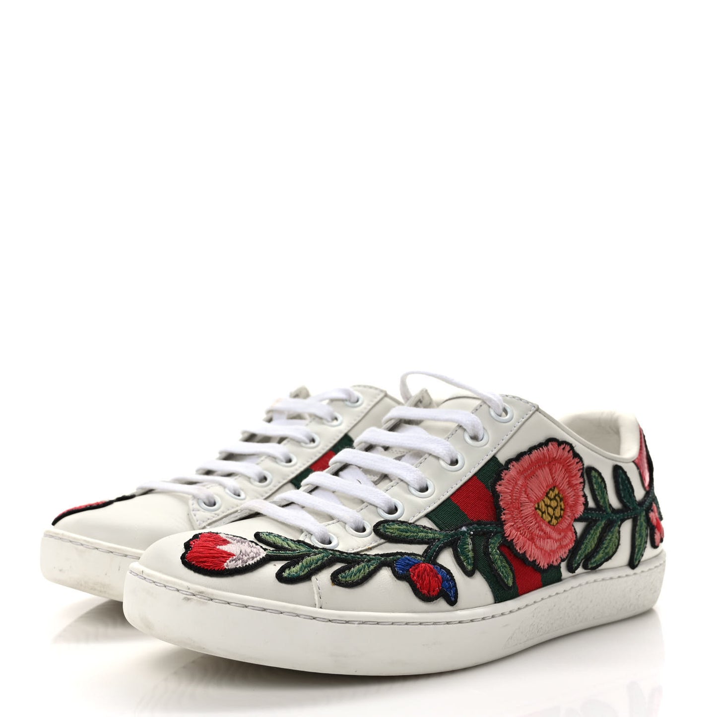Calfskin Web Floral Embroidered Womens Ace Sneakers 35.5 White