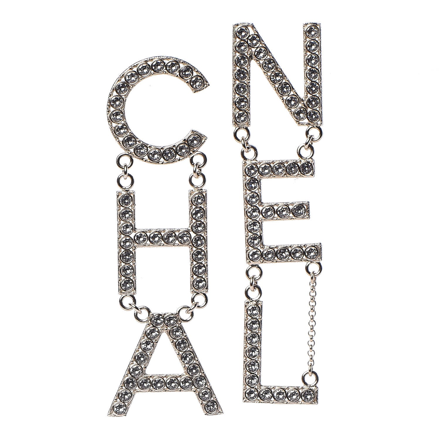 Chanel Crystal Cha-Nel Logo Drop Earrings Gold 1 of 5